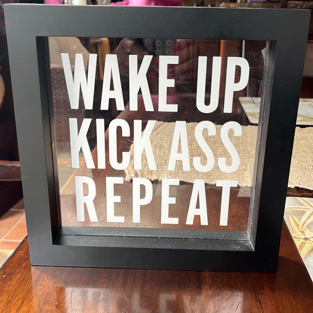 WAKE UP KICK ASS REPEAT Glass light up wall decor sign black frame motivational